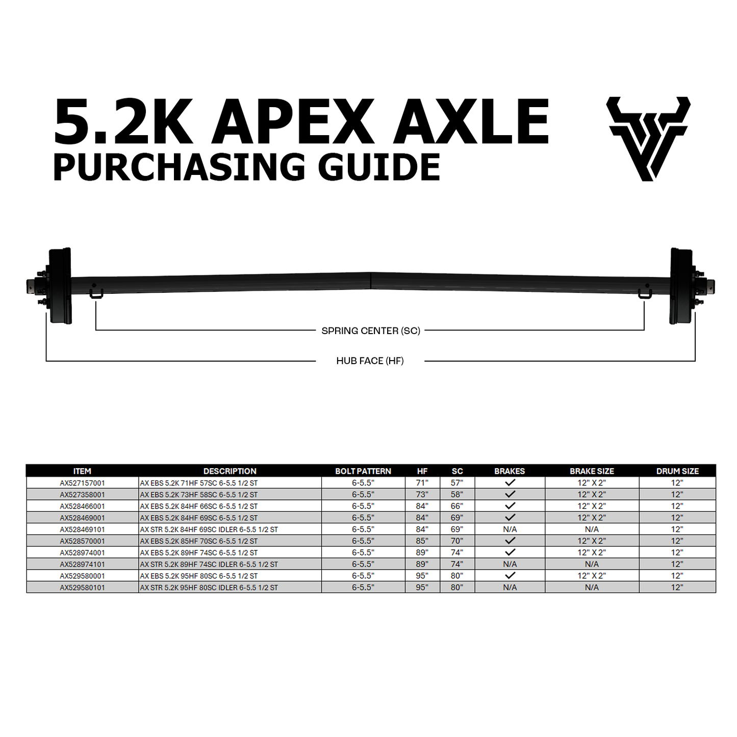 5.2K EBS/IDLER APEX AXLE - 6-5.5" BP - 1/2" TS